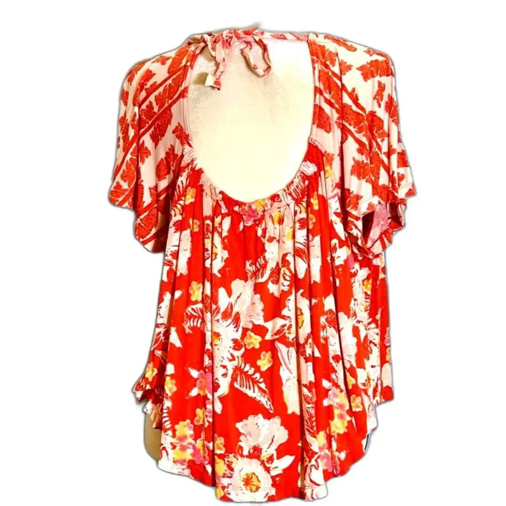 Free People Baja Babe Tie-Back Cold-Shoulder Floral Summer Top Sz M